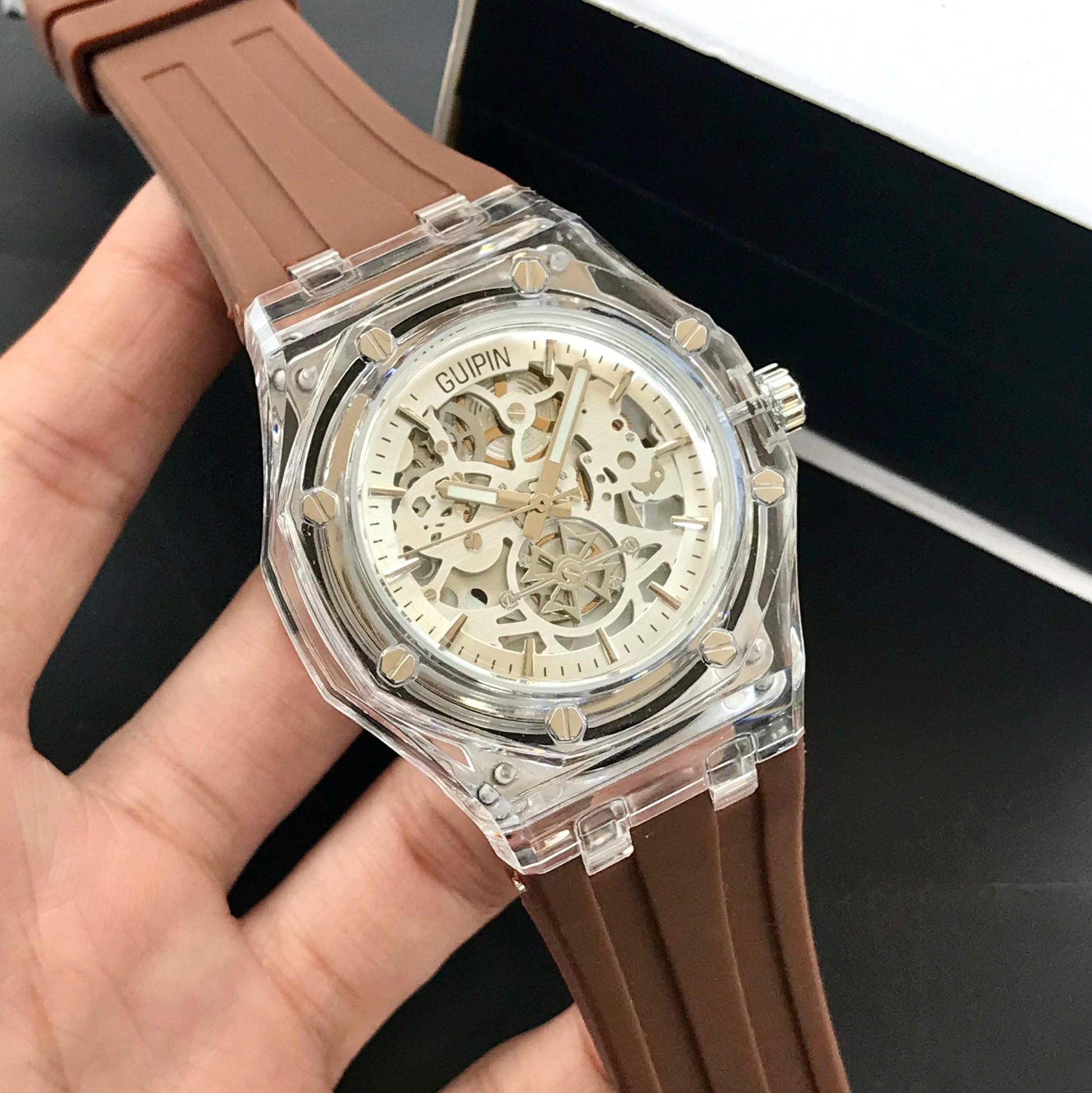 Guipin Original Semi Auto Skeleton Dial Men's Watch Rubber Strap - Jewelsoftime
